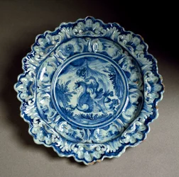 Plato decorado con la figura de un caballero, cerámica, manufactura de Savona