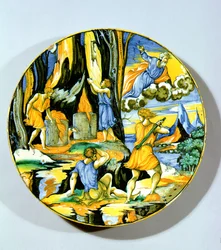 Plato que representa a Caín matando a Abel, Rimini, mediados del siglo XVI (maiolica)
