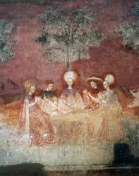 Jugando con cartas de tarot, escena del ciclo de los Juegos, ca. 1445-1450, fresco, Palacio Borromeo, Milán, Lombardía, Italia