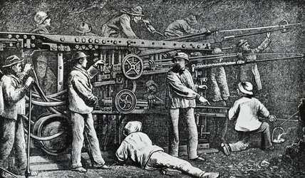 Máquina perforadora de roca neumática creada por Giovanni Battista Piatti y perfeccionada por Germano Sommeiller (1815-1871), grabado Italia