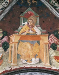 El Papa Gregorio I, en la Capilla de Santa Margarita de Antioquía, bóveda del Santuario de Santa María Asunta (fresco)