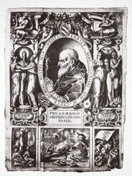 Papa Pío V, con viñetas de la Batalla de Lepanto, de Vita del Gloriosissimo Papa Pio Quinto, pub. 1586