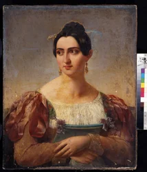 ""Portrait de femme"" (Retrato femenino) Mujer joven de la nobleza italiana, vestida con un vestido con cintas en los hombros. Pintura de la escuela italiana de principios del siglo XIX. Museo Pushkin, Moscú