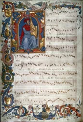 Retrato de Francesco Landino y una partitura musical, ilustración del "Códice Squarcialupi", c.1325-35