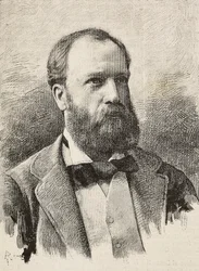 Retrato de Karl Hillebrand (1829-1884), historiador alemán, grabado de Riera de una fotografía de Schemboche, de L