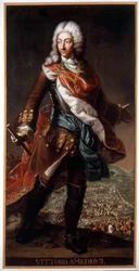 Retrato de Vittorio Amedeo II de Saboya llamado el Zorro Savoyardo (1666-1732) (Víctor Amadeo II o Víctor-Amadeo), Duque de Saboya y Rey de Sicilia y luego de Cerdeña. Pintura conservada en el Castillo A. Racconigi