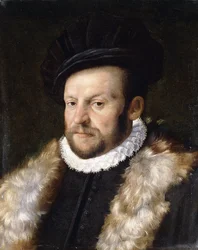 Retrato de un caballero con barba, busto, vistiendo una chaqueta negra con un cuello de gorguera blanca