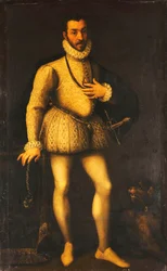 Retrato de un caballero, cuerpo entero, con un jubón blanco bordado, una capa y una espada