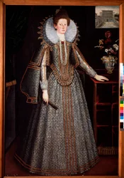 Retrato de una dama de la nobleza florentina detrás de ella una representación del Palacio Pitti