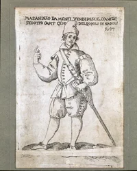 Retrato del pescador y revolucionario napolitano Masaniello (1623-1647) (retrato de Masaniello, pescador napolitano y líder de la revuelta contra el dominio de los Habsburgo en Nápoles en 1647). Grabado del siglo XVII. Museo Nazionale di San Martino