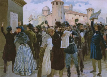 Proclamación de los resultados del plebiscito del 4 de marzo de 1848 ante el Palazzo Reale en Turín, ilustración de un álbum sobre la historia del Risorgimento hecho para el chocolate Talmone, finales del siglo XIX