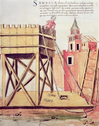 Proyecto de torre de asedio, ilustración de "De re Militari" de Roberto Valturio (1405-75) 1470 (pluma y tinta y acuarela sobre papel)