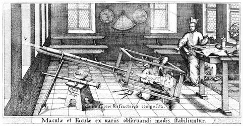 Proyectando la imagen del Sol a través de un telescopio refractor para estudiar las manchas solares, ilustración de Rosa Ursina por Christoph Scheiner, publicado en 1630