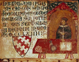 Representación de un camarlengo sentado en su oficina. Pintura anónima sobre madera de una Biccherna (cubierta del registro contable de la ciudad de Siena) 1250. Siena Archivio di Stato, Italia
