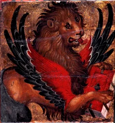 Representación del León de San Marcos. Pintura sobre madera del artista veneciano. Sol del siglo XV. 34x34 cm Venecia, Museo Correr