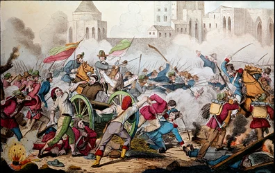 Risorgimento: Las luchas de Palermo el 26 de mayo de 1860. Expedición de los Mil (camisas rojas). Giuseppe Garibaldi (1807-1882) entre Palermo y el pueblo en revuelta se unieron a él para luchar contra los soldados del reino borbónico de Nápoles. Grabado d