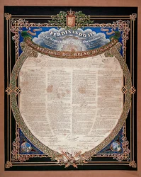 Risorgimento: constitución proclamada por el rey Fernando II de las Dos Sicilias (1810-1859) en 1847. Nápoles, Museo Nazionale di San Martino, Italia