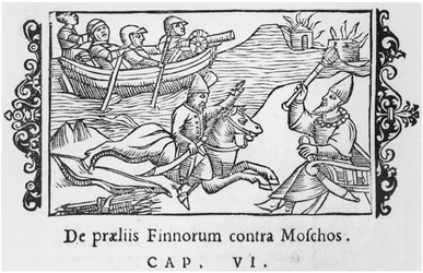 Rusos y finlandeses luchando, ilustración de Historia de Gentibus Septentrionalibus de Olaus Magnus (1490-1558), publicada en Roma, 1555