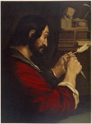 San Marcos tallando una pluma - en "Aurea Bibbia classica: historia de la revelación divina en el antiguo y nuevo testamento" de Giovanni Ladislao Sykora (vol. 2), traducido por Don Clemente Benetti. (Biblia italiana)