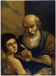San Mateo escribiendo y un ángel - en “Aurea Bibbia classica: historia de la revelación divina en el Antiguo y Nuevo Testamento” de Giovanni Ladislao Sykora (vol. 2), traducido por Don Clemente Benetti. (Biblia italiana)