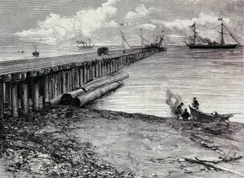 Mina de San Leon, plataforma de embarque de mineral para Maddalena, grabado, Cerdeña, Italia