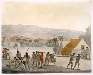 Islas Sandwich - un occidental negociando por provisiones, lámina 92 de Le Costume Ancien et Moderne, por Jules Ferrario, publicada c.1820s-30s