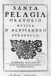 Santa Pelagia, frontispicio de la partitura del oratorio de Alessandro Stradella (1644 - 1682) compositor italiano. Módena 1688.