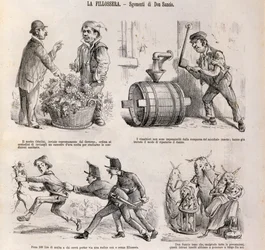 Caricatura satírica dedicada a la crisis vitivinícola causada por la filoxera, ilustración del periódico satírico Spirito Folletto, 18 de septiembre