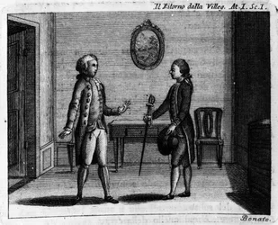 Escena 1 del Acto I de la pieza cómica “Ritorno della villeggiatura” (1761) de Carlo Goldoni (1707-1793). Grabado del siglo XVIII.