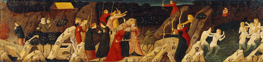 Escena de una batalla con arcos y flechas y la persecución (óleo sobre tabla)
