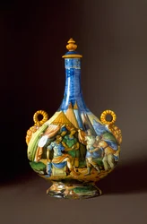 Escenas de las Metamorfosis de Ovidio. Jarra de cerámica producida en Urbino en el taller Fontana, Italia. Siglo XVI, Florencia, Museo Nazionale del Bargello