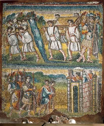 Escenas del Libro de Josué: El Arca de la Alianza llevada por siete sacerdotes a través del Jordán, Josué envía dos espías a Jericó