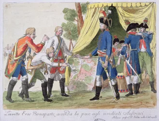 Firma del Tratado de Campo Formio entre Francia (representada por Bonaparte) y Austria (representada por Cobenzl) en 1797