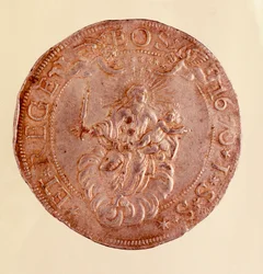 Moneda de plata de la República de Génova con representación de la Virgen María con el Niño Jesús (1670)