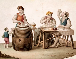 Pequeño oficio napolitano: un vendedor de macarrones, junto a él una familia a la mesa comiendo con las manos - (Antiguo oficio: vendedor de macarrones y clientes comiendo pasta italiana). Siglo XIX. Museo Nazionale di San Martino, Nápoles