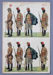 Soldados con uniformes Ascari, soldados recortados en papel, impresión litográfica dorada, realizada por Stella, Italia, siglo XX.