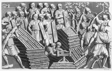 Soldados, posiblemente construyendo un puente de pontones o una máquina de asedio, posiblemente de la Columna de Trajano, de Costumbres de los Romanos, c.1800-10