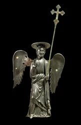 San Gabriel Arcángel sosteniendo una cruz procesional, estatua de bronce del siglo XII, Cruz de 1369