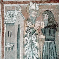 San Gregorio Magno (540-604) con un monje (fresco)