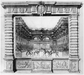 Diseño escénico de Giacomo Torelli (1608-78) para la Finta Pazza representada en 1645 en el Théâtre Petit Bourbon en París, 1654