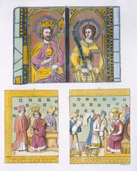 Decoración de Vidrieras de la Antigua Iglesia de Uppsala, lámina 42 de Le Costume Ancien et Moderne de Jules Ferrario, publicado c.1820s-30s