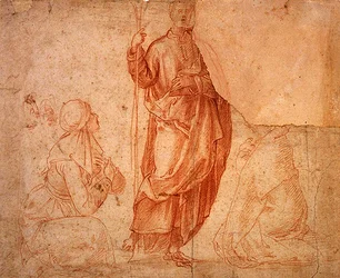 Santo de pie con dos suplicantes