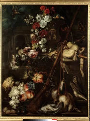 Bodegón de flores, caza y rifle