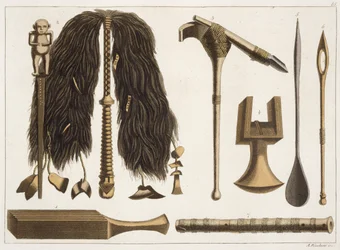 Herramientas tahitianas e instrumentos ceremoniales, ilustración de una colección de libros de viajes de principios del siglo XIX