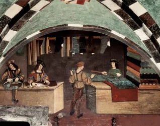 Tienda de sastrería. Un hombre cose, otro corta la tela y un tercero vende el tejido a un cliente. Fresco del castillo de Issogne (siglo XV).