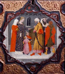 Décima jornada, novena novela: la jornada de Messer Torello y Saladino (1138-1193) (Salah al-Din Yusuf al-Ayyubi). Arcón pintado que ilustra el «Decamerón» de Giovanni Boccaccio (Jean Boccaccio) (1313-1375). Siglo XV. Florencia, Museo Nazionale del
