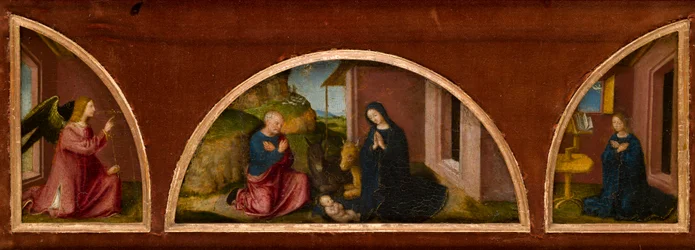 La Anunciación (demi-lunetas a la izquierda y a la derecha) y la Natividad (luneta central) en un marco, c.1480 (óleo sobre tabla)