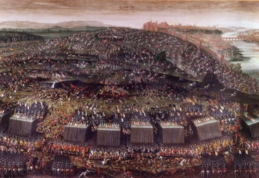 La batalla de la Montaña Blanca durante la Guerra de los Treinta Años (Alemania 1620), que enfrentó a Bohemia guiada por Federico V contra la Liga Santa. Pintura al óleo. Roma, Iglesia de Santa María de la Victoria.