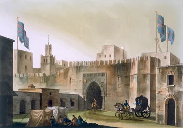 La puerta Beb Kar en Túnez, con europeos en un carro tirado por caballos, c.1820s-30s