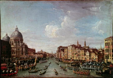 El Bucentauro en San Nicolo a Venecia. Probablemente el Dogo Alvise IV Mocenigo (1763-1778) durante las celebraciones de la Ascensión. Pintura anónima del siglo XVIII. Venecia, Museo Correr